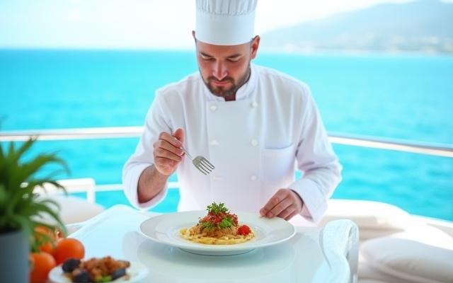 Chef préparant un plat sophistiqué sur le pont d'un yacht, avec vue sur la mer