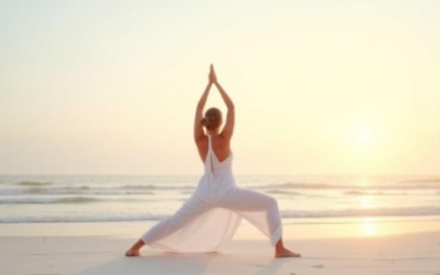 Femme faisant du yoga sur une plage de sable blanc au lever du soleil